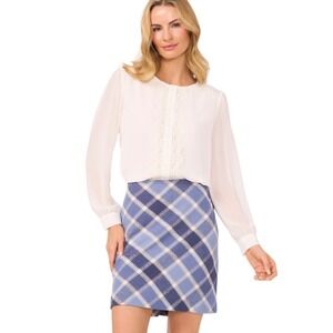 CeCe Women's Cotton Plaid A-Line Back-Zip Mini Skirt‎ in Niagara Blue Size 8